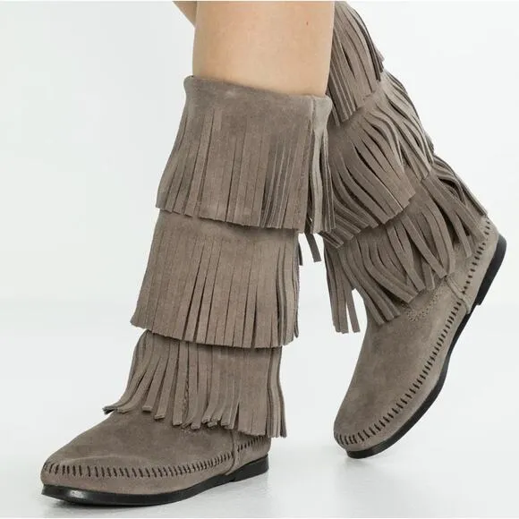 Minnetonka Moccasins 3 Layer Fringe Boot Brown Suede 1632 Calf High Boots Size 8