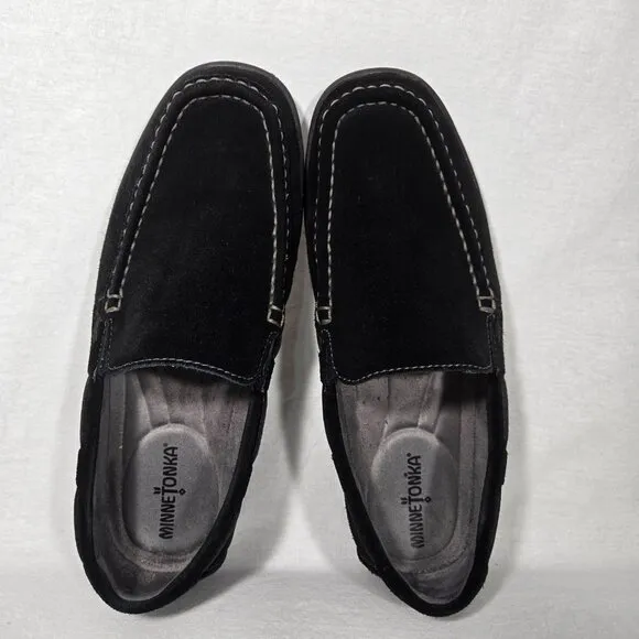 MINNETONKA Old Money BLACK Suede Leather Mocs Loafers Penny Driver Men's Size 9.