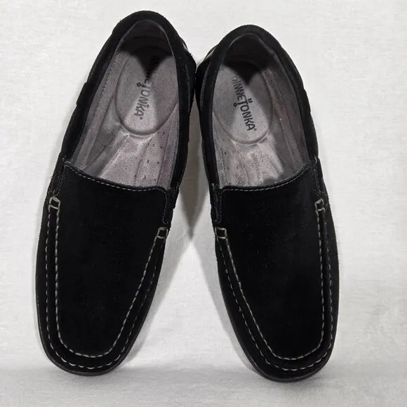MINNETONKA Old Money BLACK Suede Leather Mocs Loafers Penny Driver Men's Size 9.