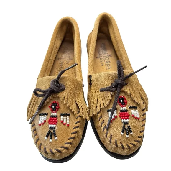 Minnetonka Tan Beaded Suede Leather Moccasins Loafers Flats Womens Shoe Size 7