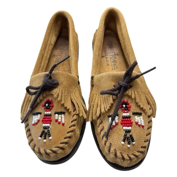 Minnetonka Tan Beaded Suede Leather Moccasins Loafers Flats Womens Shoe Size 7