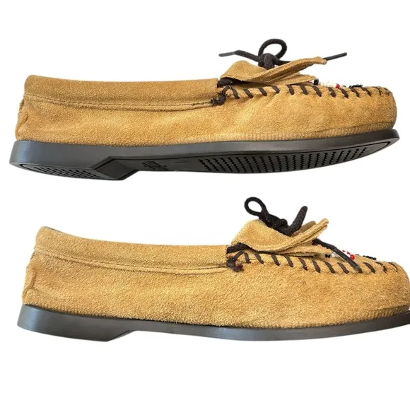 Minnetonka Tan Beaded Suede Leather Moccasins Loafers Flats Womens Shoe Size 7