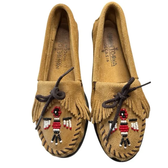 Minnetonka Tan Beaded Suede Leather Moccasins Loafers Flats Womens Shoe Size 7