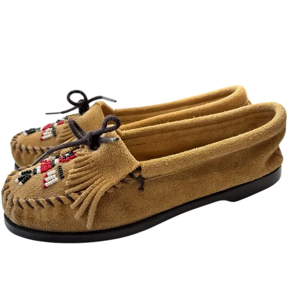 Minnetonka Tan Beaded Suede Leather Moccasins Loafers Flats Womens Shoe Size 7