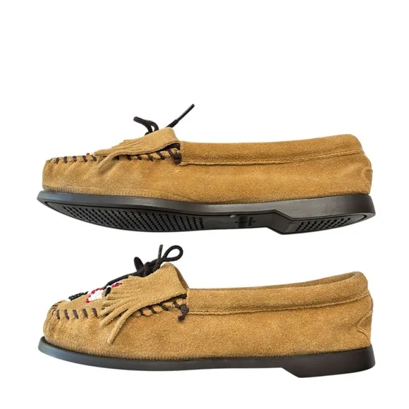 Minnetonka Tan Beaded Suede Leather Moccasins Loafers Flats Womens Shoe Size 7