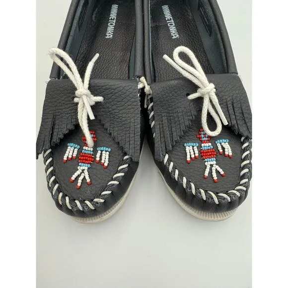 Minnetonka Thunderbird Leather Boat Moccasin Navy 9.5