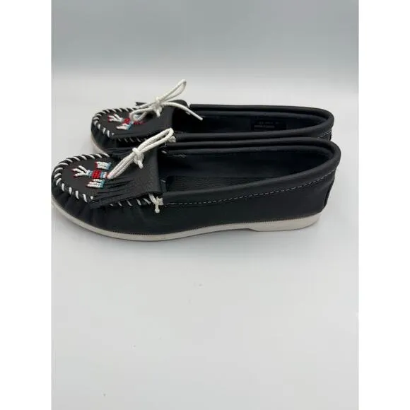 Minnetonka Thunderbird Leather Boat Moccasin Navy 9.5