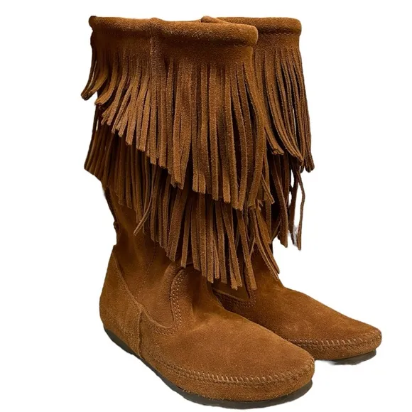 MINNETONKA Two-Layer Fringe Mid-Calf Boots in Brown Suede Moccasin Size 7