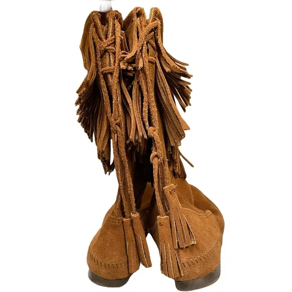 MINNETONKA Two-Layer Fringe Mid-Calf Boots in Brown Suede Moccasin Size 7