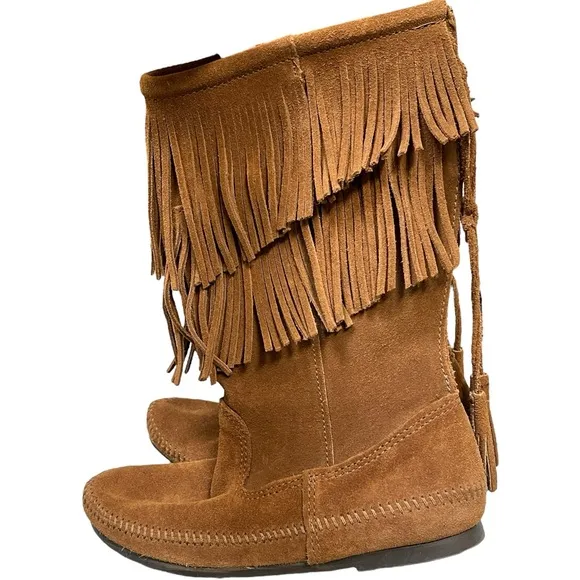 MINNETONKA Two-Layer Fringe Mid-Calf Boots in Brown Suede Moccasin Size 7