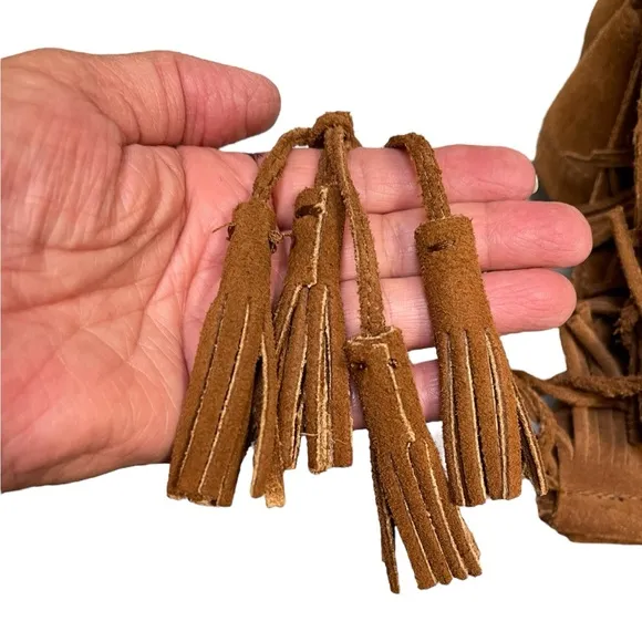 MINNETONKA Two-Layer Fringe Mid-Calf Boots in Brown Suede Moccasin Size 7