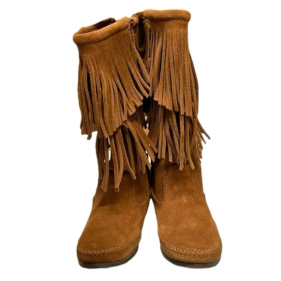 MINNETONKA Two-Layer Fringe Mid-Calf Boots in Brown Suede Moccasin Size 7