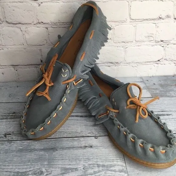 Minnetonka Unisex Adult Size Men10/Women12 Blue Suede Slip On Fringe Moccasins
