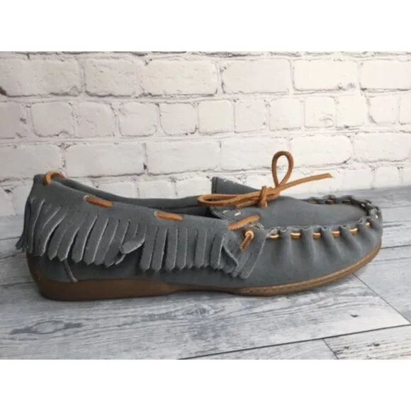 Minnetonka Unisex Adult Size Men10/Women12 Blue Suede Slip On Fringe Moccasins