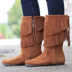 MINNETONKA Women's Brown Suede Leather Tall Moccasin Boots Size 8 Fringe Boho