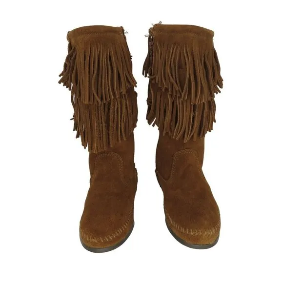 MINNETONKA Women's Brown Suede Leather Tall Moccasin Boots Size 8 Fringe Boho