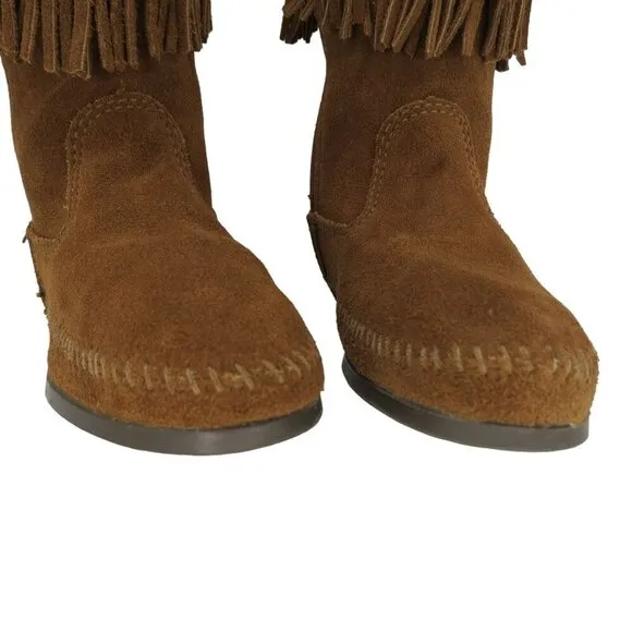 MINNETONKA Women's Brown Suede Leather Tall Moccasin Boots Size 8 Fringe Boho