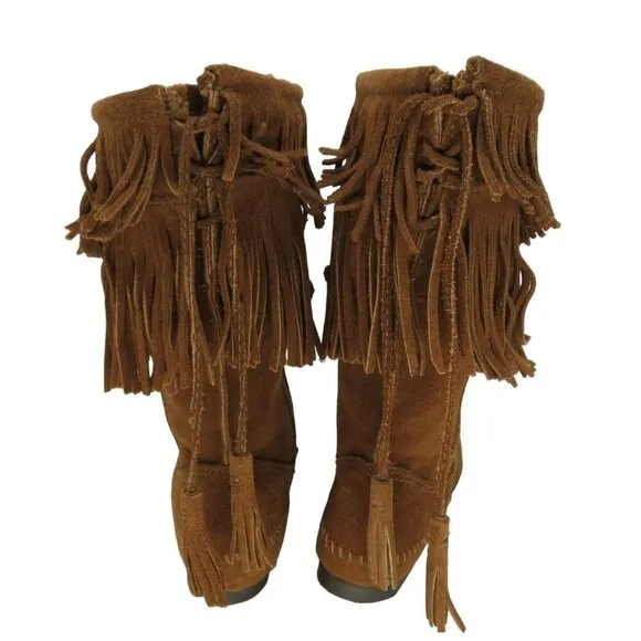 MINNETONKA Women's Brown Suede Leather Tall Moccasin Boots Size 8 Fringe Boho