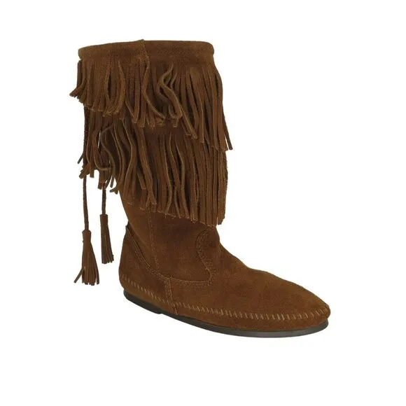 MINNETONKA Women's Brown Suede Leather Tall Moccasin Boots Size 8 Fringe Boho