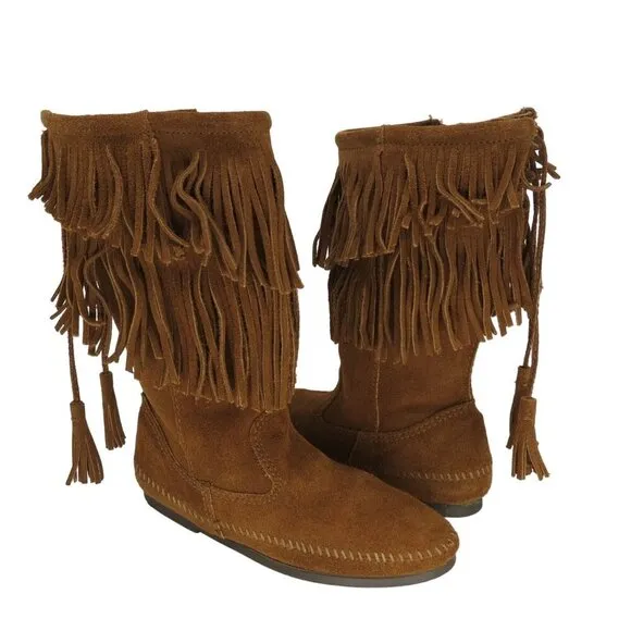 MINNETONKA Women's Brown Suede Leather Tall Moccasin Boots Size 8 Fringe Boho