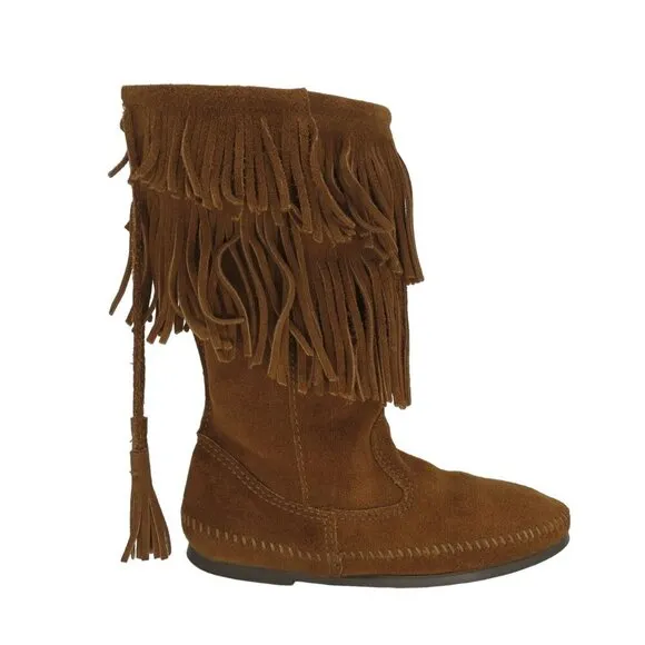 MINNETONKA Women's Brown Suede Leather Tall Moccasin Boots Size 8 Fringe Boho