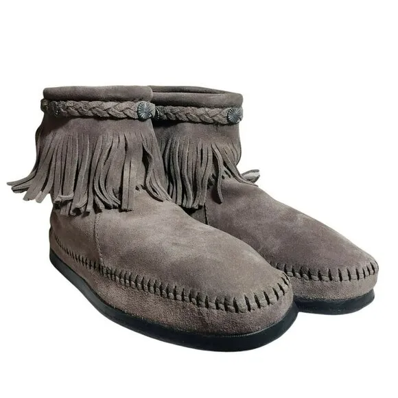 Minnetonka Womens Gray Suede Fringe Hi Top Zip Narrow Ankle Boots Bootie…