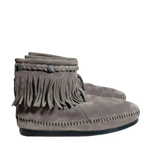 Minnetonka Womens Gray Suede Fringe Hi Top Zip Narrow Ankle Boots Bootie…