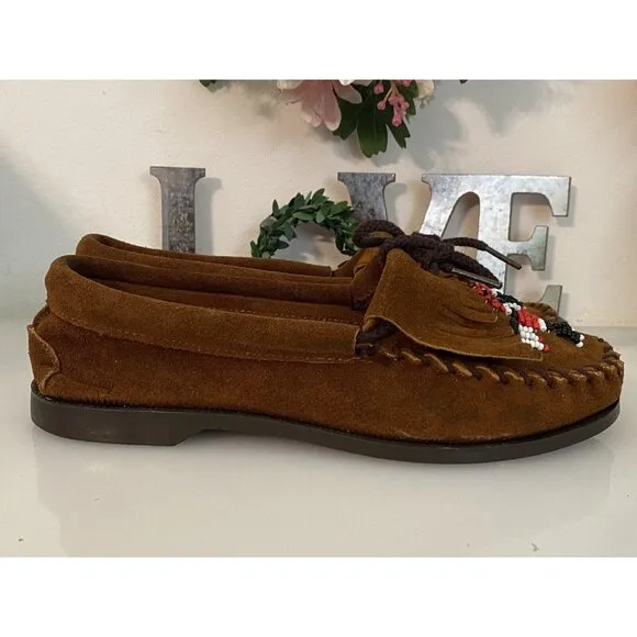 Minnetonka Women's Leather Moccasin W/ Thunderbird Beading Shoes Flats Sz 6 NWOB