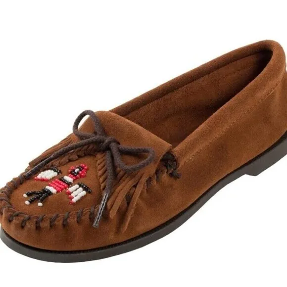 Minnetonka Women's Leather Moccasin W/ Thunderbird Beading Shoes Flats Sz 6 NWOB