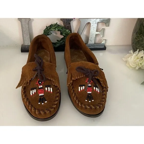 Minnetonka Women's Leather Moccasin W/ Thunderbird Beading Shoes Flats Sz 6 NWOB