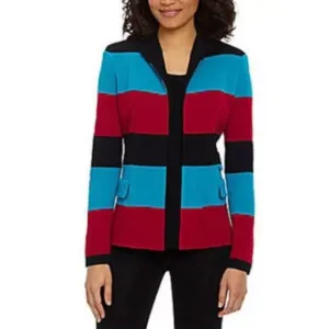 Misook Multi Color Ribbed Striped Color Block Open Front Knit Cardigan Jacket XL