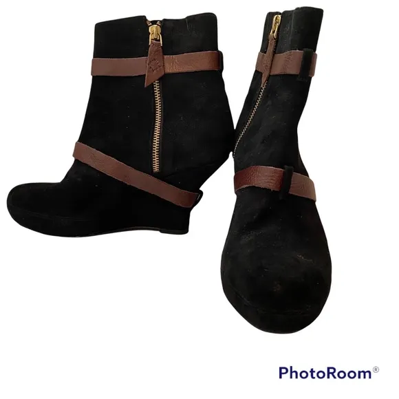 MISS ALBRIGHT ANTHROPOLOGIE NEW ANKLE BOOTS BLACK SUEDE BROWN LEATHER ZIPPER 8