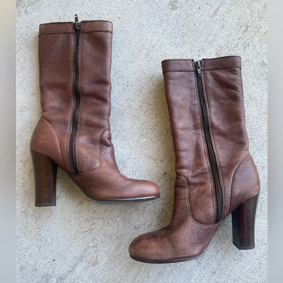 Miss Sixty Leather Brown Wood Heeled Boots 6.5 Narrow Chunky 90s Mid Calf Retro