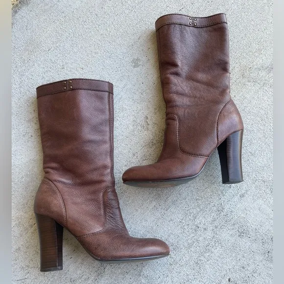 Miss Sixty Leather Brown Wood Heeled Boots 6.5 Narrow Chunky 90s Mid Calf Retro