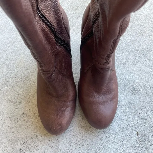 Miss Sixty Leather Brown Wood Heeled Boots 6.5 Narrow Chunky 90s Mid Calf Retro