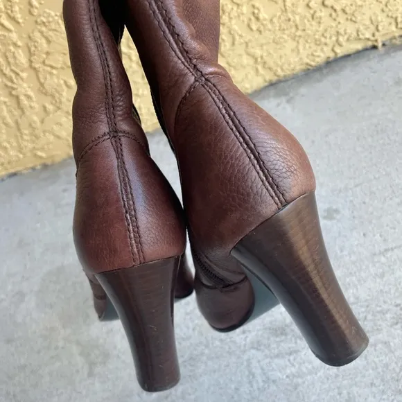 Miss Sixty Leather Brown Wood Heeled Boots 6.5 Narrow Chunky 90s Mid Calf Retro
