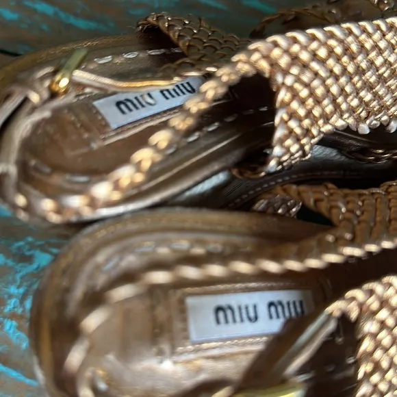 Miu Miu Leather Metallic Gold/Bronze Strappy Espadrille Sandals Cork Size 37