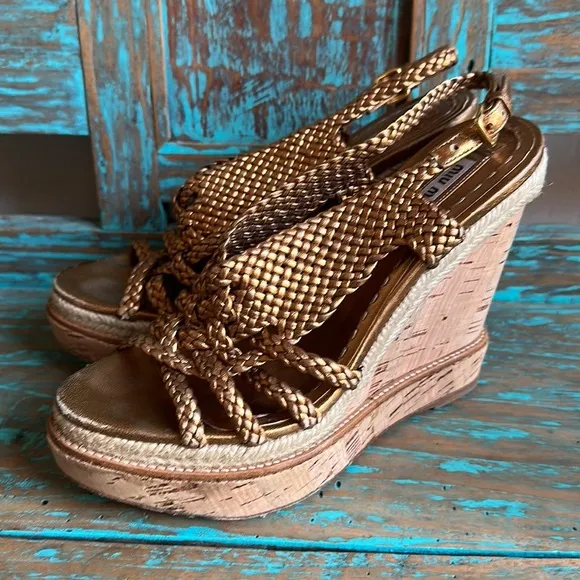 Miu Miu Leather Metallic Gold/Bronze Strappy Espadrille Sandals Cork Size 37