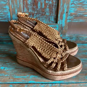 Miu Miu Leather Metallic Gold/Bronze Strappy Espadrille Sandals Cork Size 37