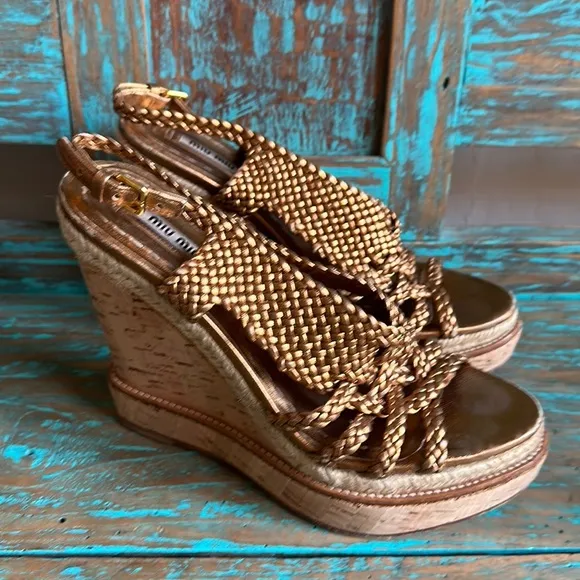 Miu Miu Leather Metallic Gold/Bronze Strappy Espadrille Sandals Cork Size 37