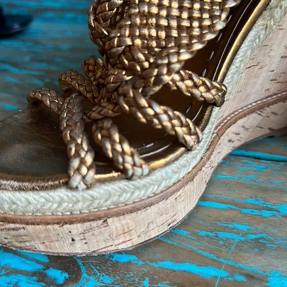 Miu Miu Leather Metallic Gold/Bronze Strappy Espadrille Sandals Cork Size 37