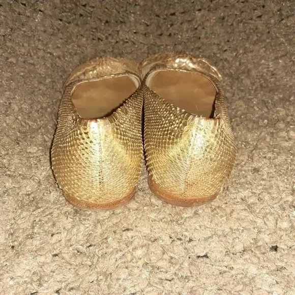 MIU MIU-PRADA Gold/Tan Snakeskin Leather Flats-Bow