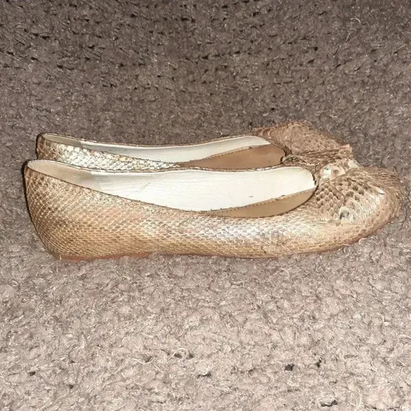 MIU MIU-PRADA Gold/Tan Snakeskin Leather Flats-Bow