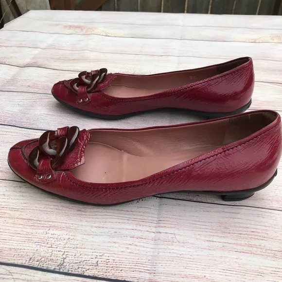 Miu Miu Red Flats With Tortoise Lucite Chain