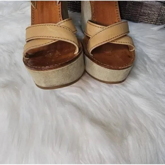 Miu Miu Tan Leather Suede Open Toe Strappy Wedge Sandals Size 37.5