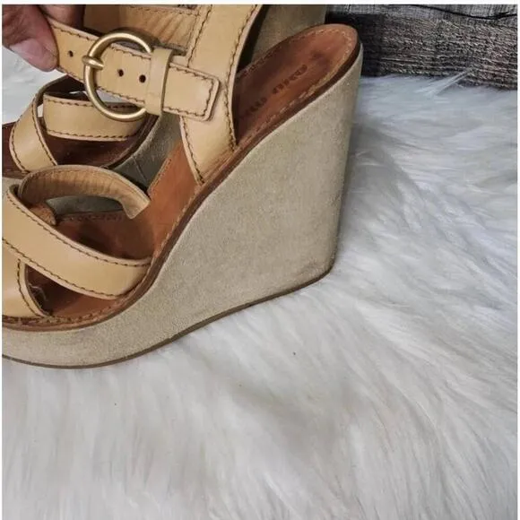 Miu Miu Tan Leather Suede Open Toe Strappy Wedge Sandals Size 37.5