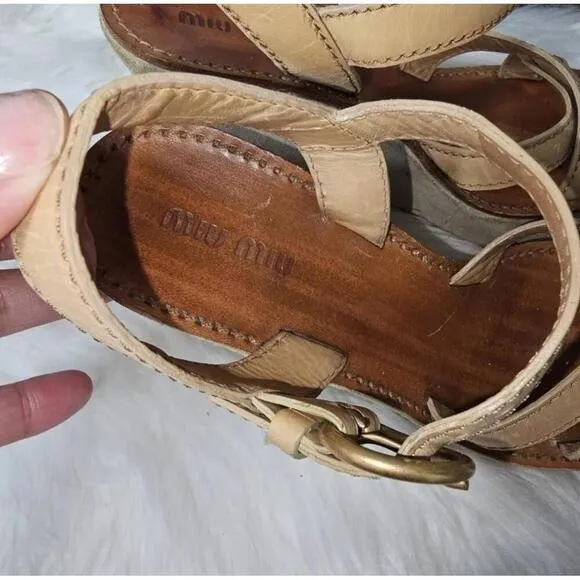 Miu Miu Tan Leather Suede Open Toe Strappy Wedge Sandals Size 37.5