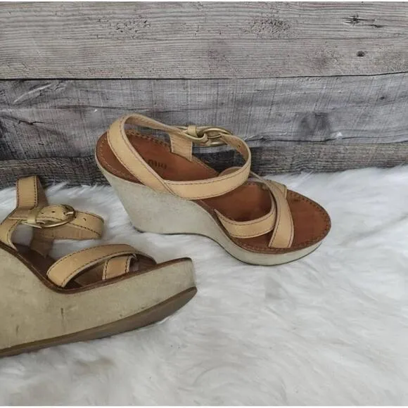 Miu Miu Tan Leather Suede Open Toe Strappy Wedge Sandals Size 37.5