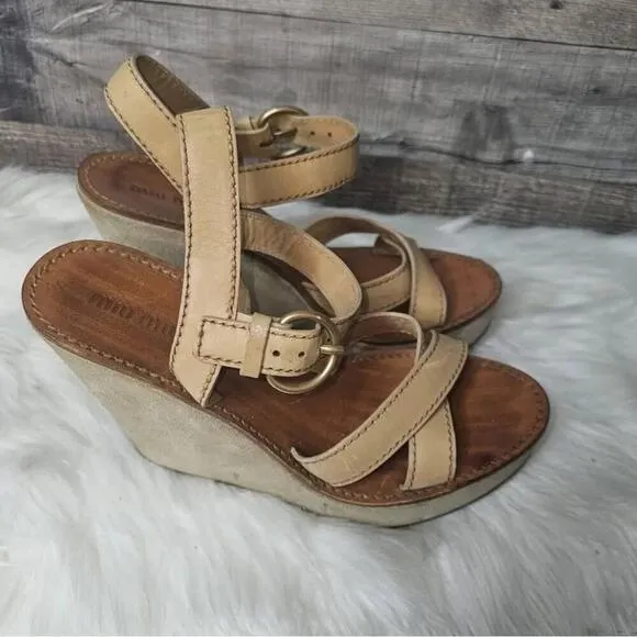 Miu Miu Tan Leather Suede Open Toe Strappy Wedge Sandals Size 37.5
