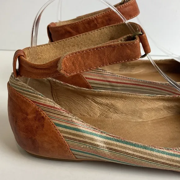 Miz Mooz Kazu Flats Brown Leather Pinstripe Accent Shoes W/ Ankle Straps size 7